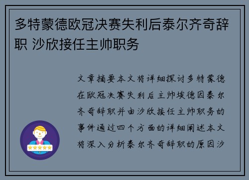 多特蒙德欧冠决赛失利后泰尔齐奇辞职 沙欣接任主帅职务